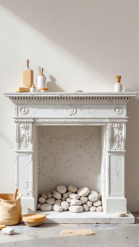 A stucco fireplace featuring a textured white finish, adorned with decorative items on the mantel and smooth stones at the base.