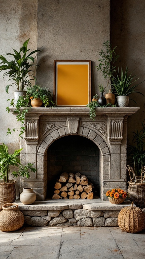 A beautifully decorated old stone fireplace featuring plants, decorative vases, and stacked logs.