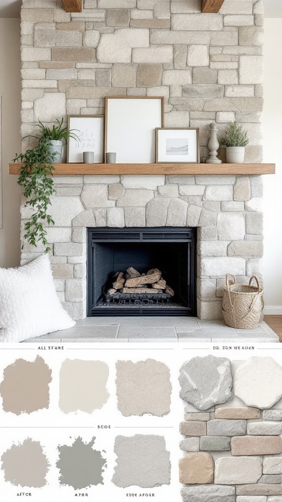 A modern stone fireplace makeover featuring a light color palette