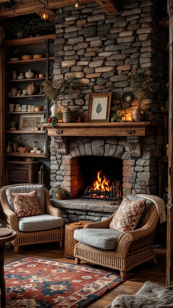 Cozy seating area with wicker chairs and a stone fireplace