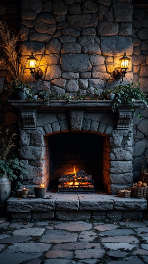 A cozy stone fireplace with warm wall-mounted lanterns and decorative plants.