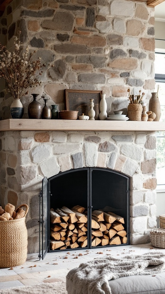 A cozy stone fireplace with neatly stacked firewood and decorative items on top.