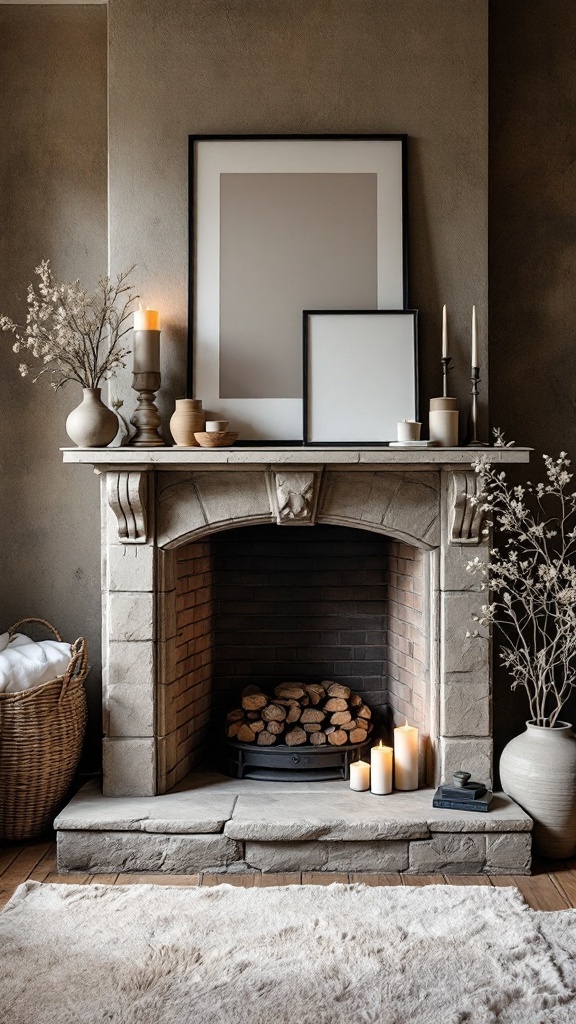 A modernized stone fireplace featuring stylish accessories, including candles, vases, and picture frames.