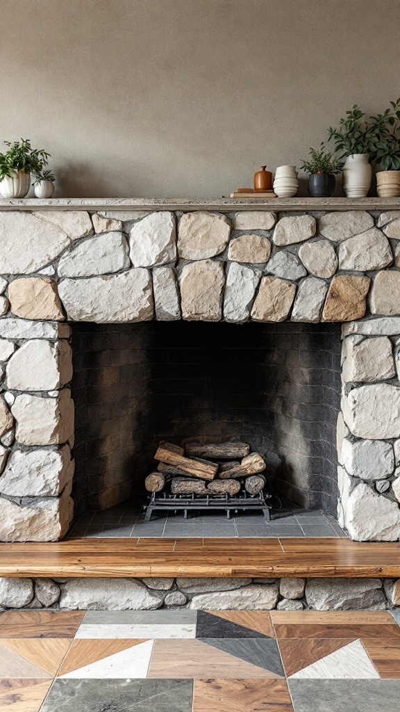 A stone fireplace with a wooden hearth and a decorative floor featuring various materials.