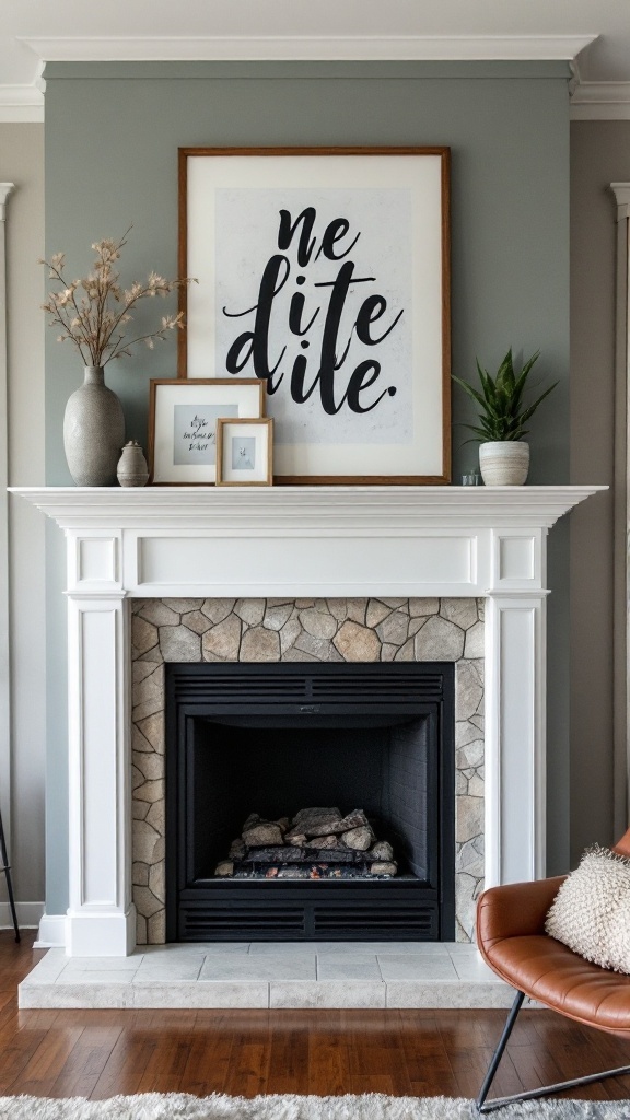 An updated stone fireplace mantel with decorative items and artwork