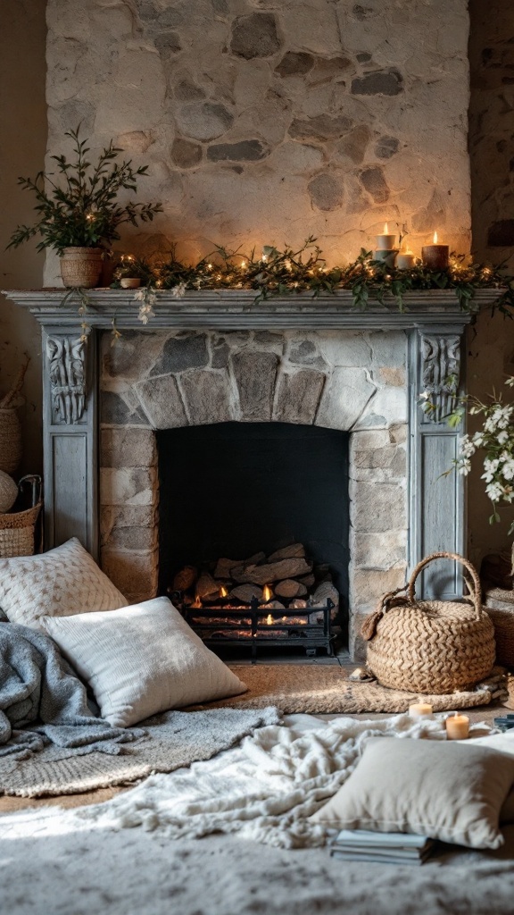 Cozy living area featuring an old stone fireplace with soft pillows and throws