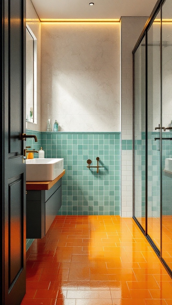 A modern small bathroom featuring orange floor tiles and teal wall tiles