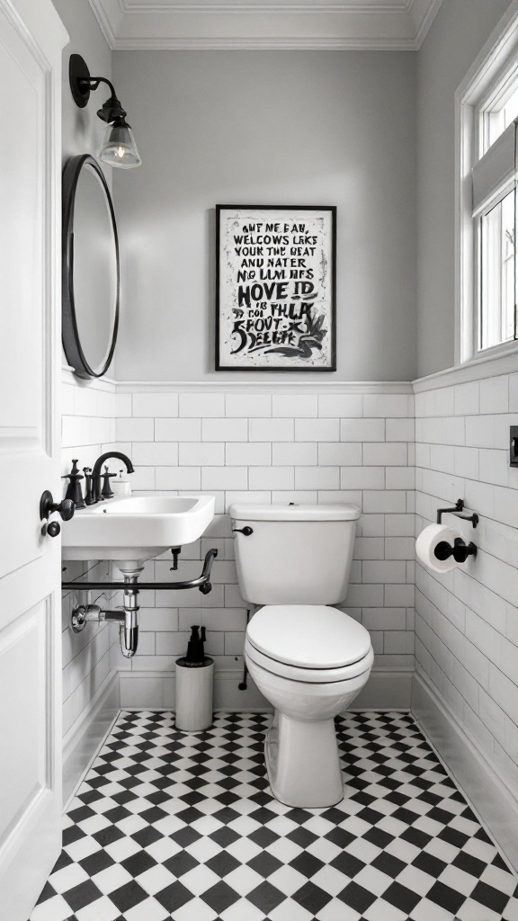 Small bathroom with black and white checkered floor tiles and white subway tiles on the walls