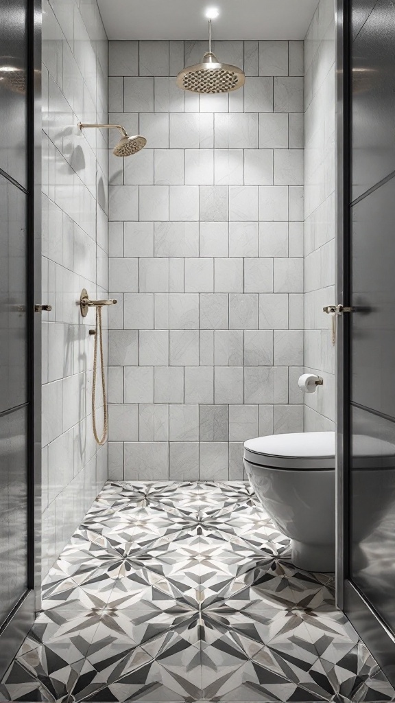 A small bathroom featuring geometric patterned floor tiles with a modern shower and toilet.