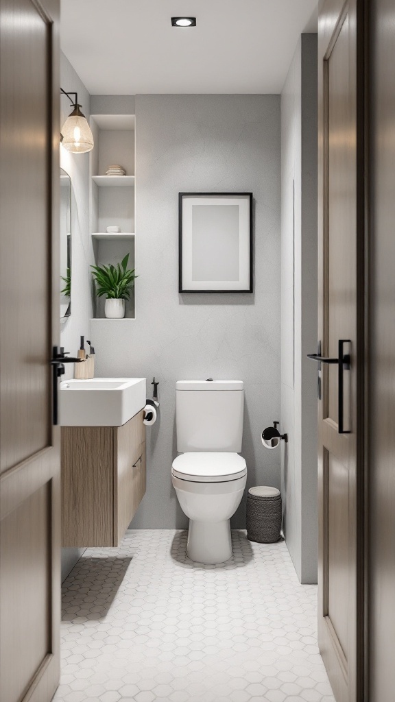 A small bathroom featuring hexagonal floor tiles, a white toilet, and modern fixtures.