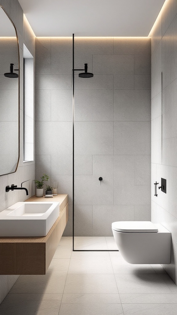 A minimalist small bathroom featuring large format gray tiles, modern fixtures, and a sleek design.