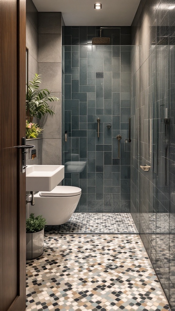 A modern small bathroom featuring mosaic floor tiles in various colors, with dark wall tiles and a glass shower enclosure.