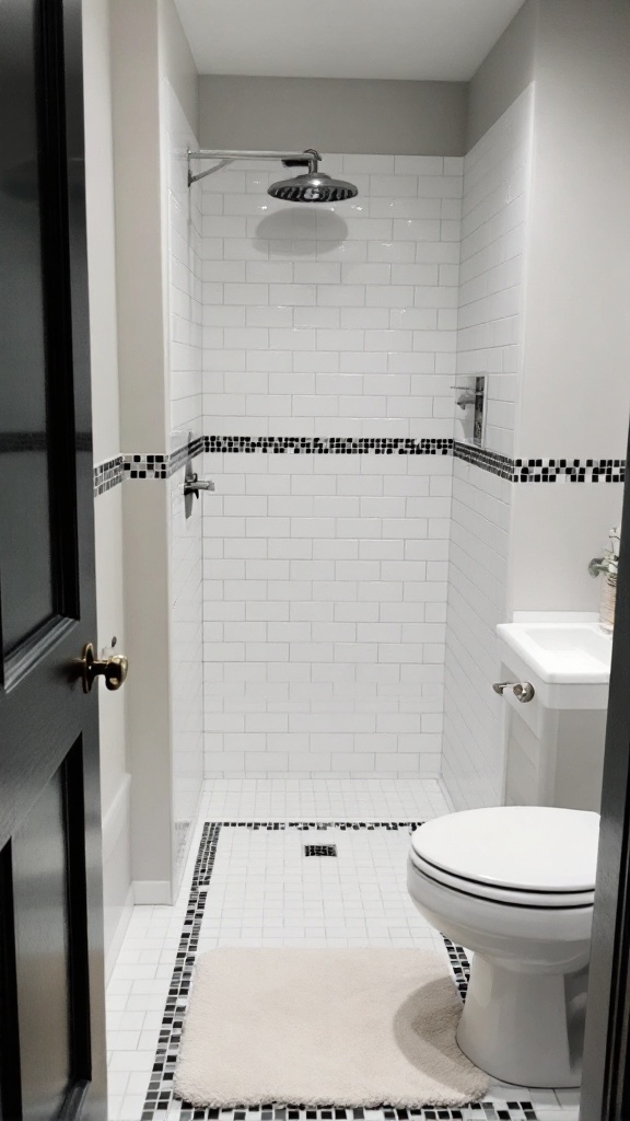 Small bathroom featuring subway tiles with a black and white border