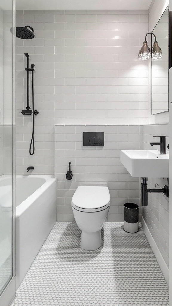 Small bathroom with textured floor tiles, featuring a bathtub, toilet, and sink.