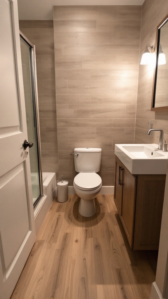 Small bathroom with wood-look floor tiles and modern fixtures