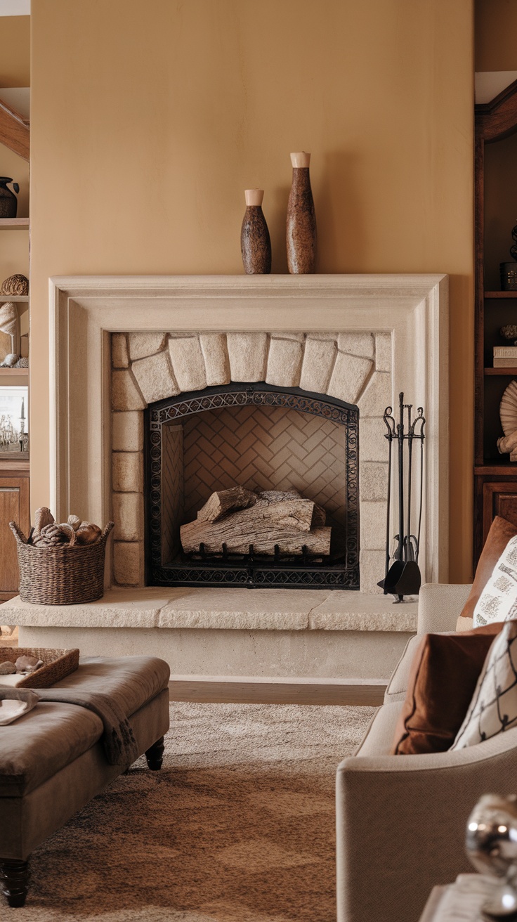 A cozy wood fireplace with stone surround and stylish decor in a warm-toned living room.