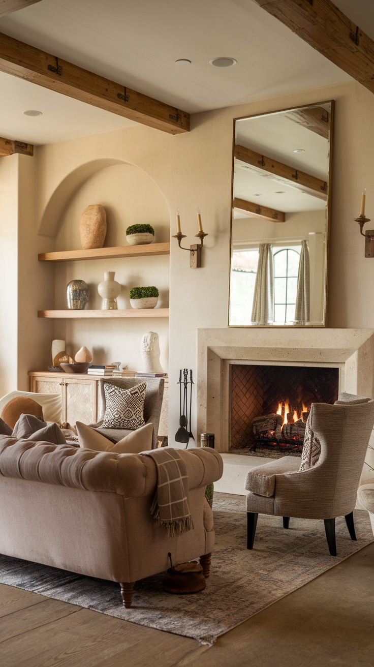 Cozy fireplace surrounded by a stylish living area with comfortable seating and decorative elements.