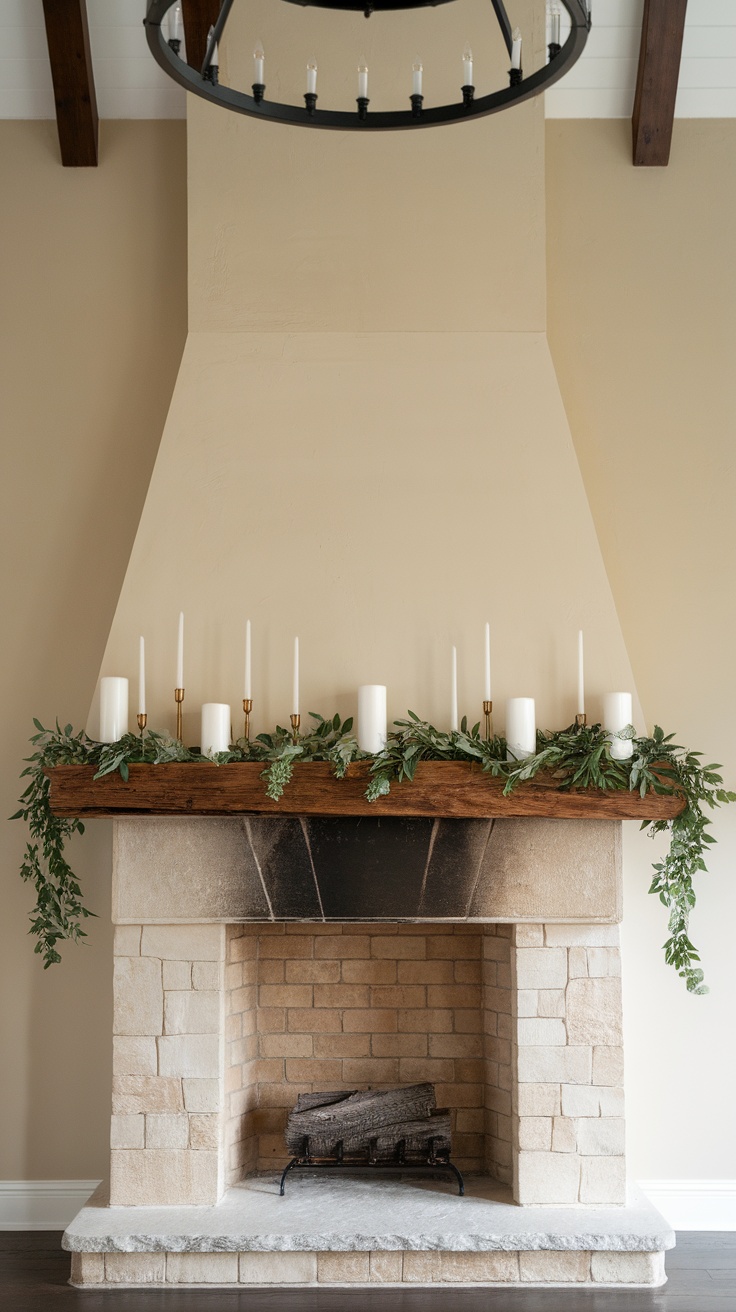 A cozy wood fireplace with a rustic wooden mantel adorned with candles and greenery, set against a neutral wall.