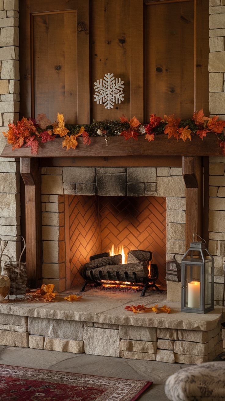 A wood fireplace decorated with autumn leaves and a snowflake ornament, featuring a warm fire.