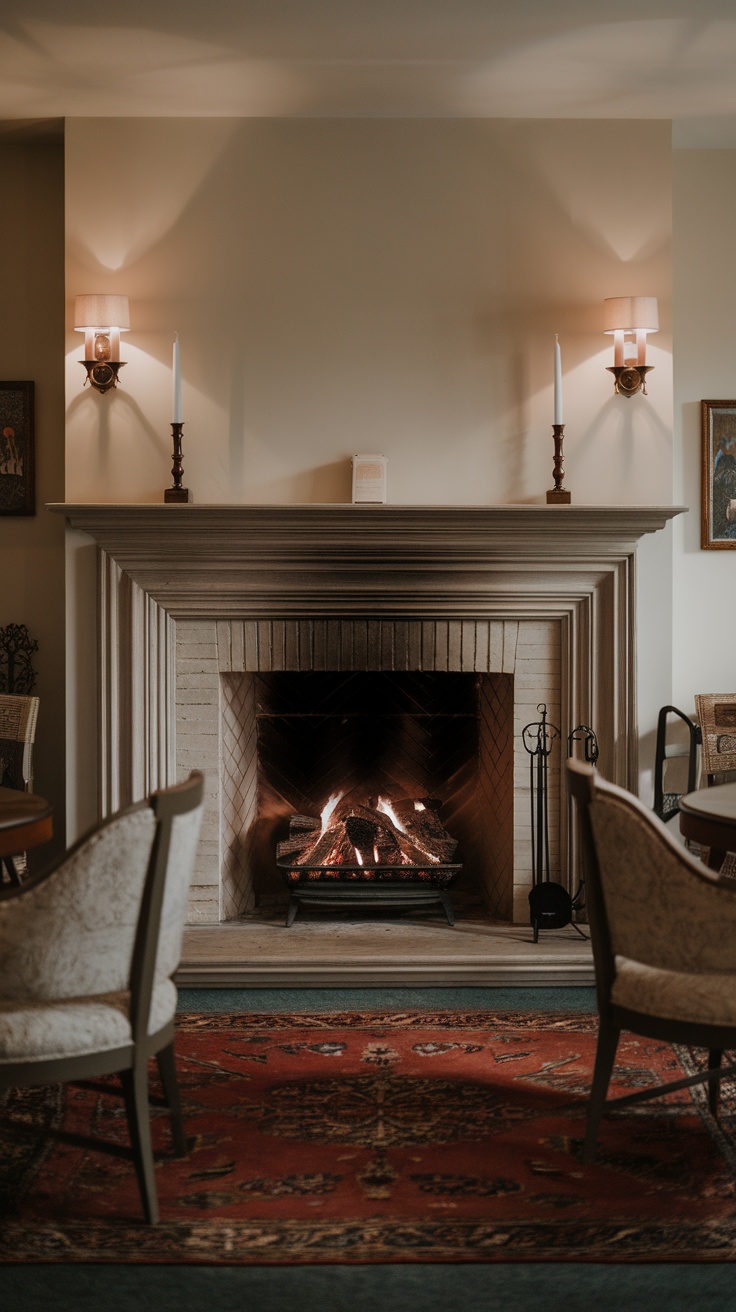 A cozy living room with a wood fireplace, wall sconces, and candlelight creating a warm ambiance.