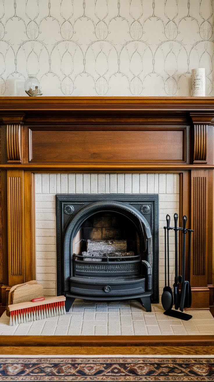 A cozy wood fireplace with a polished wooden mantel, clean tile, and fireplace tools arranged neatly.