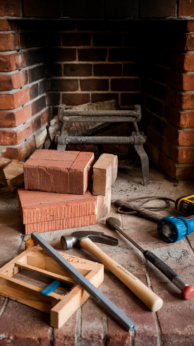 A wooden fireplace setup with scattered bricks and tools, ready for a makeover.