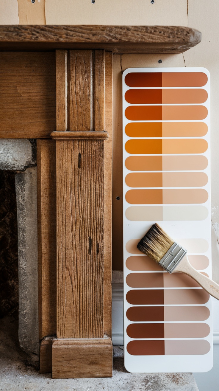 A wood fireplace mantel with a selection of paint and stain color swatches next to it.