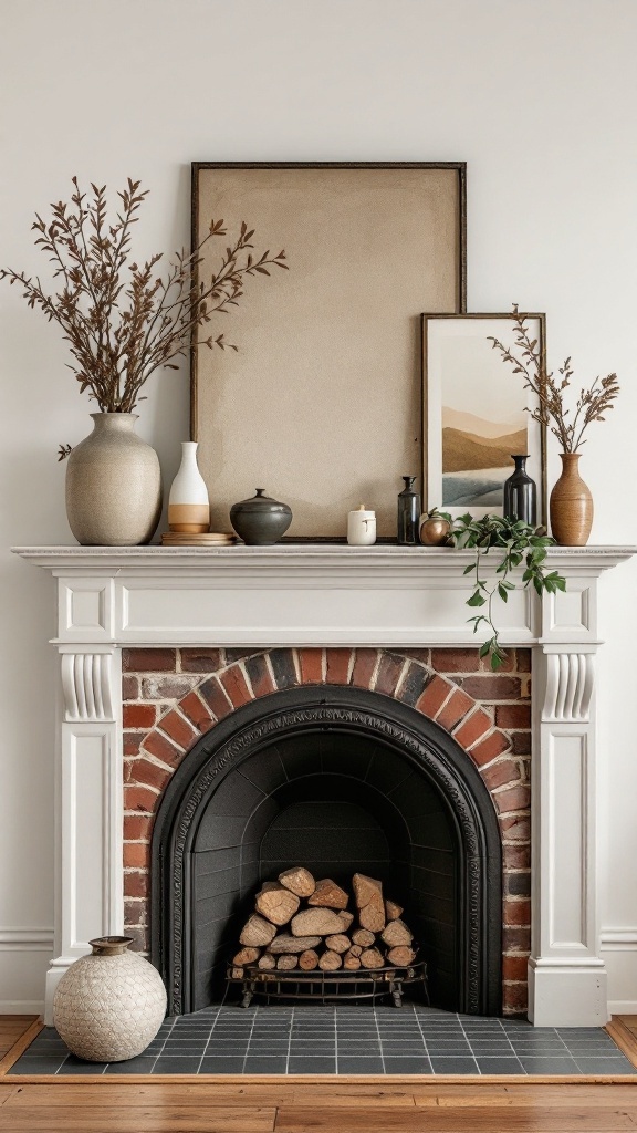 A brick wall fireplace with a decorative white mantel adorned with vases and artwork.