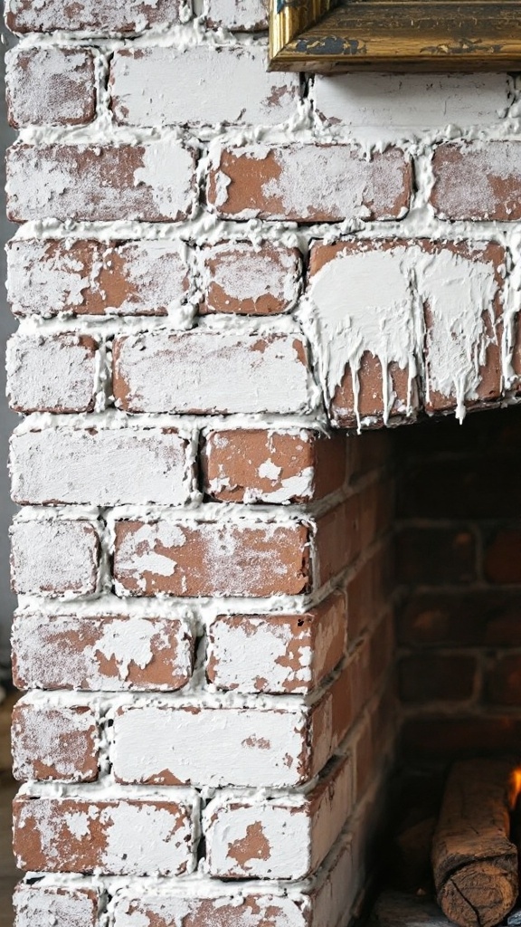Close-up view of a brick fireplace with a white mortar wash applied, highlighting the texture of the bricks.