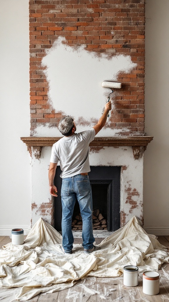 A person painting a brick fireplace with a roller, with paint cans and a drop cloth on the floor.