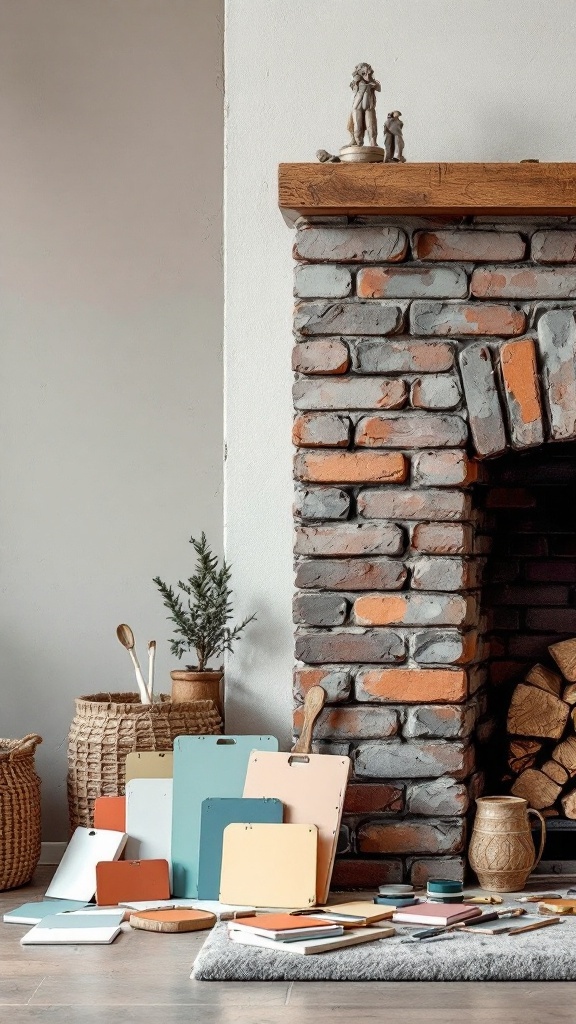 A cozy brick fireplace with color samples in front of it, showcasing various paint options for a DIY makeover.
