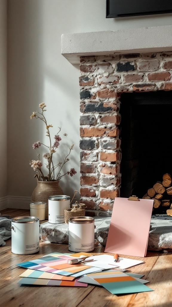 A brick fireplace with paint cans and color swatches for a makeover project.