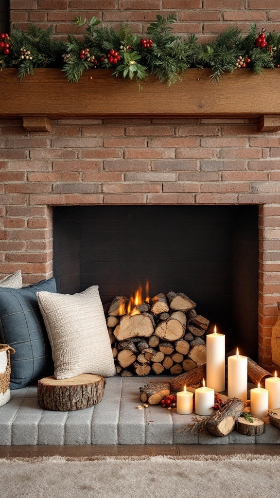 Cozy brick fireplace with candles, logs, and decorative pillows