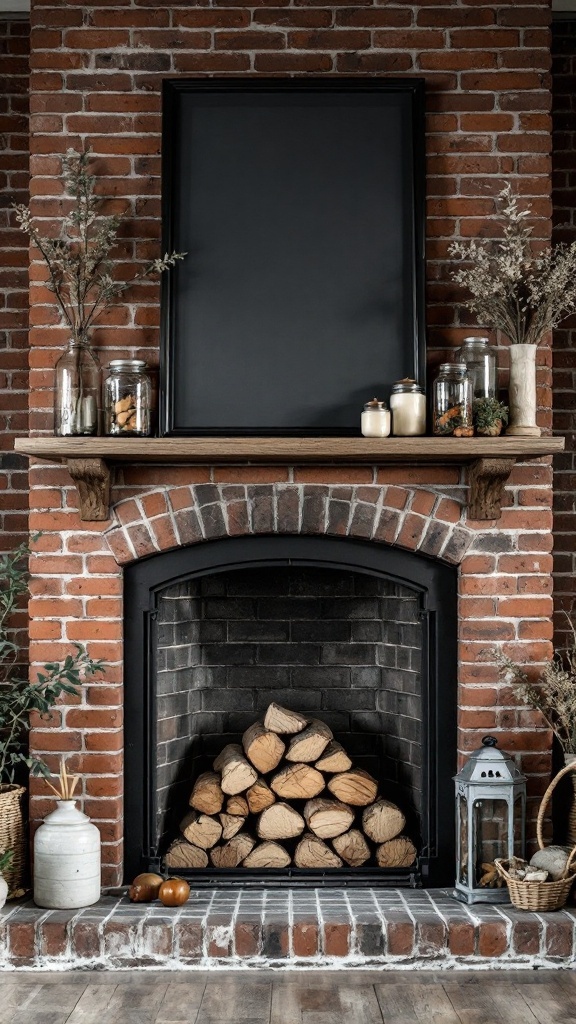 A rustic fireplace with brick wall, wooden mantel, and decorative items