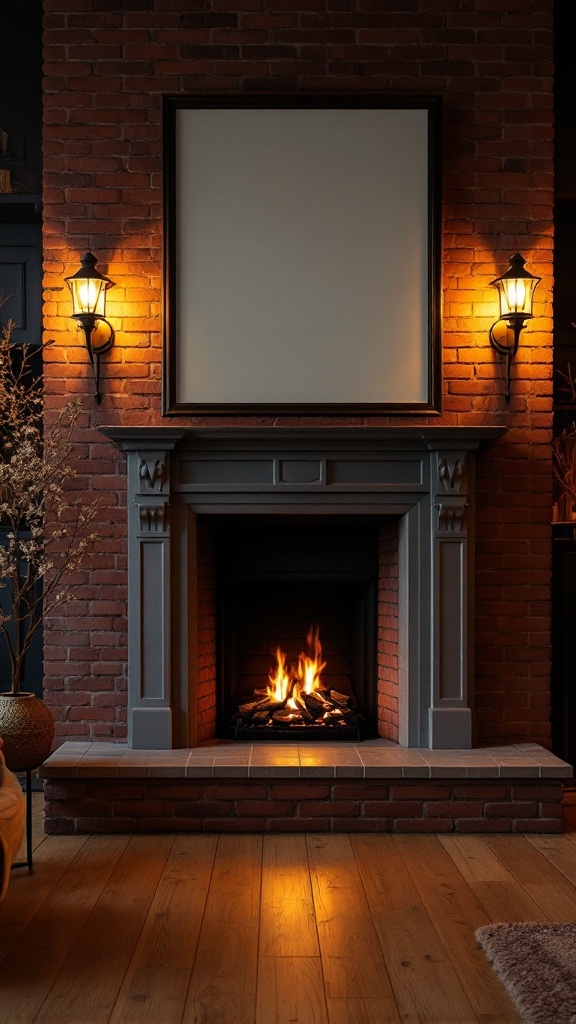 A cozy brick fireplace with wall sconces and a warm fire.