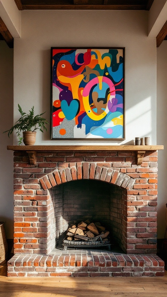 A brick wall fireplace with colorful artwork and a plant on the mantel.