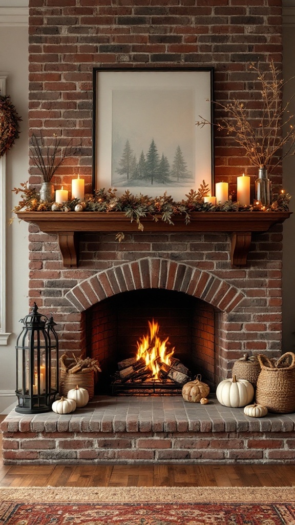 A cozy brick fireplace decorated with candles, greenery, and seasonal decor.