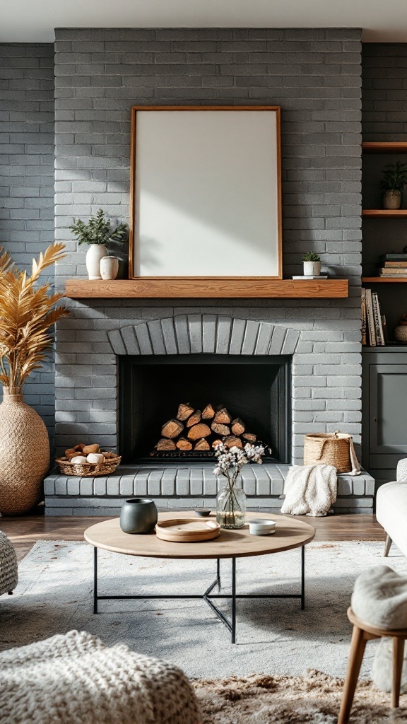 A modern gray wash brick fireplace with a wooden mantel and stylish decor.