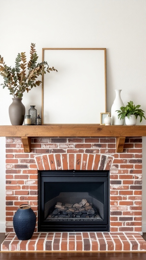 A brick fireplace with a wooden mantel decorated with vases and a mirror