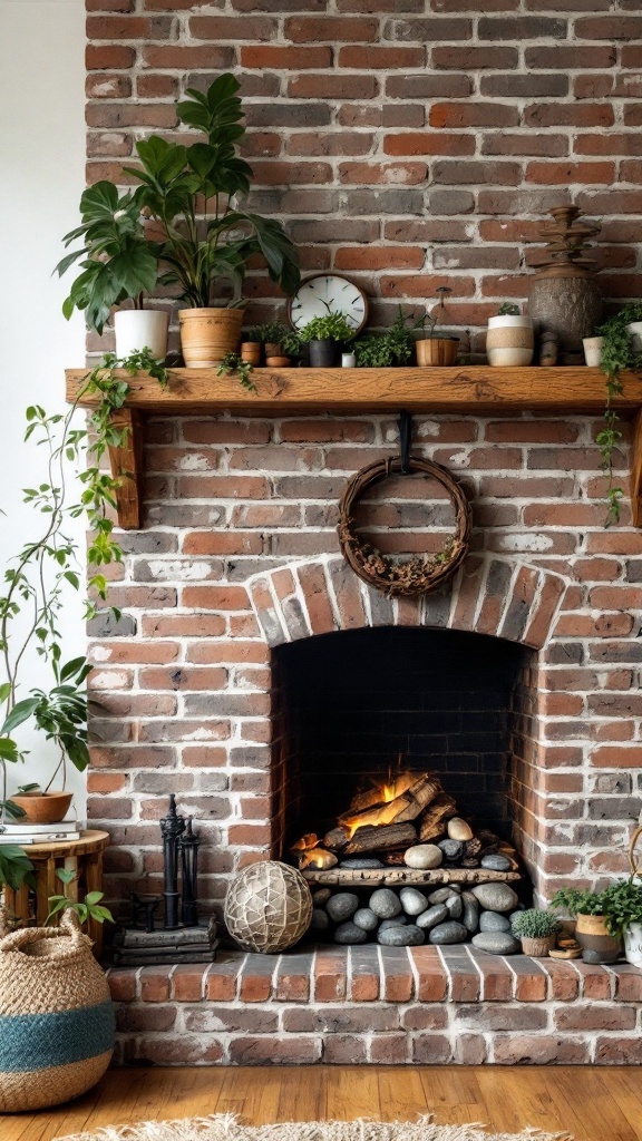 A cozy brick fireplace with plants, wooden decor, and smooth stones