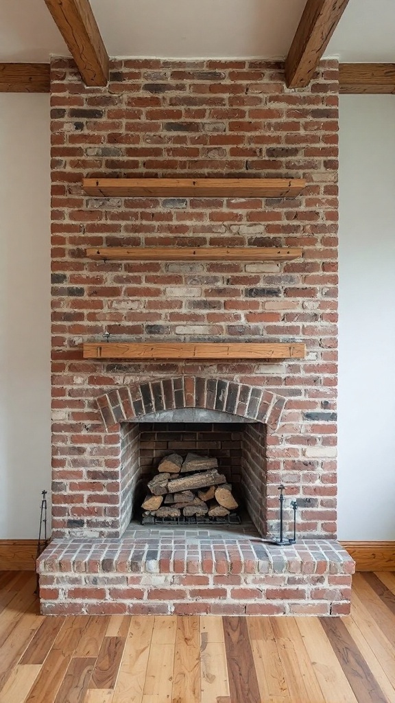 A brick fireplace with wooden shelves and stacked logs, showcasing a blend of rustic and modern design elements.