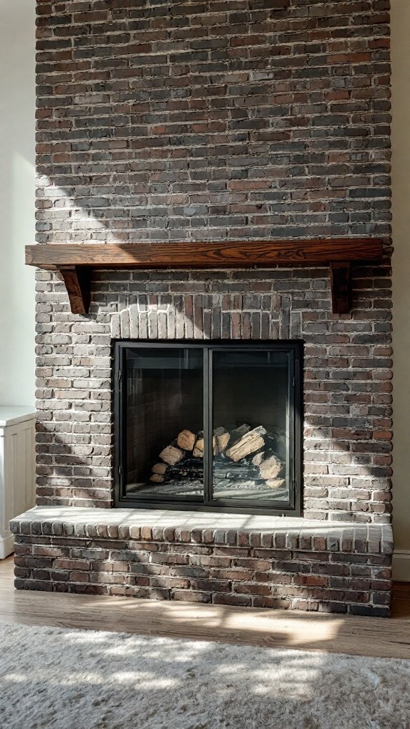 Brick wall fireplace with a glass door