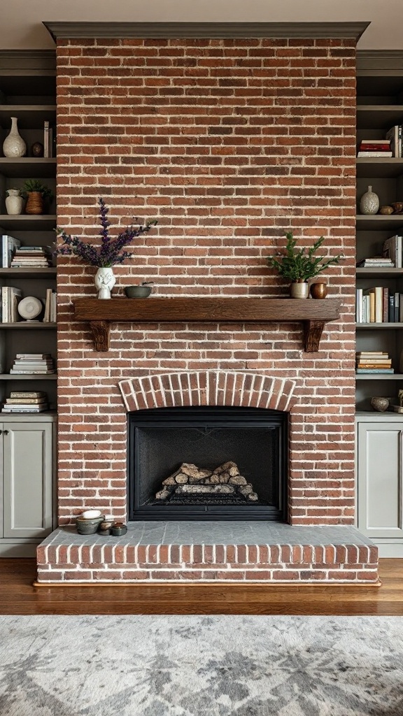 A brick fireplace with built-in shelving on either side, showcasing decorative items and plants.