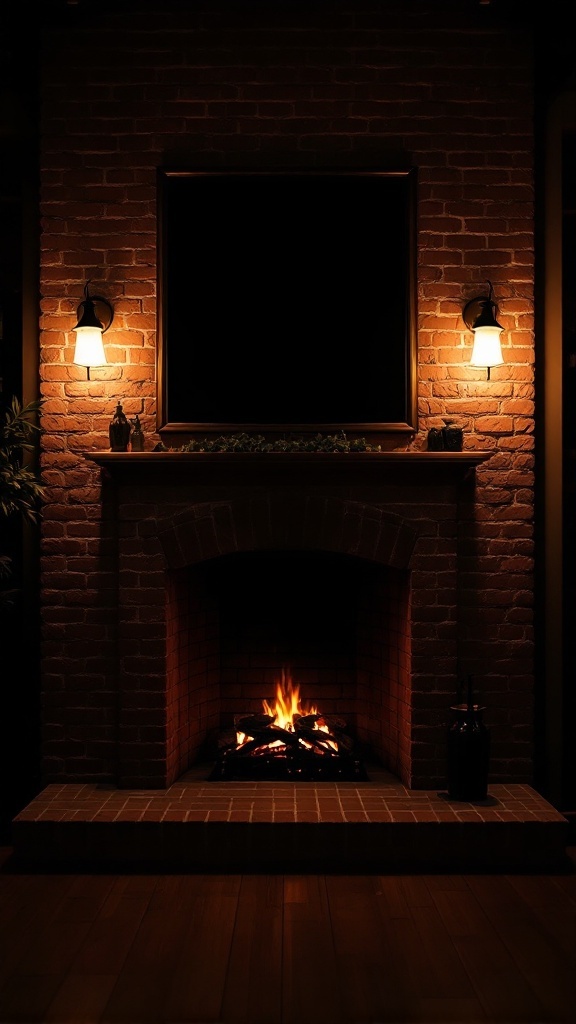 A brick wall fireplace with warm lighting from sconces and a glowing fire, creating a cozy atmosphere.