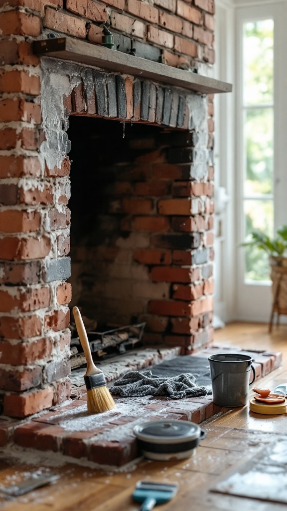A partially cleaned brick fireplace with tools and cleaning supplies ready for a makeover.