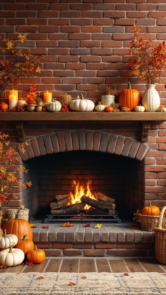 A cozy brick fireplace decorated for autumn with pumpkins, candles, and fall leaves.