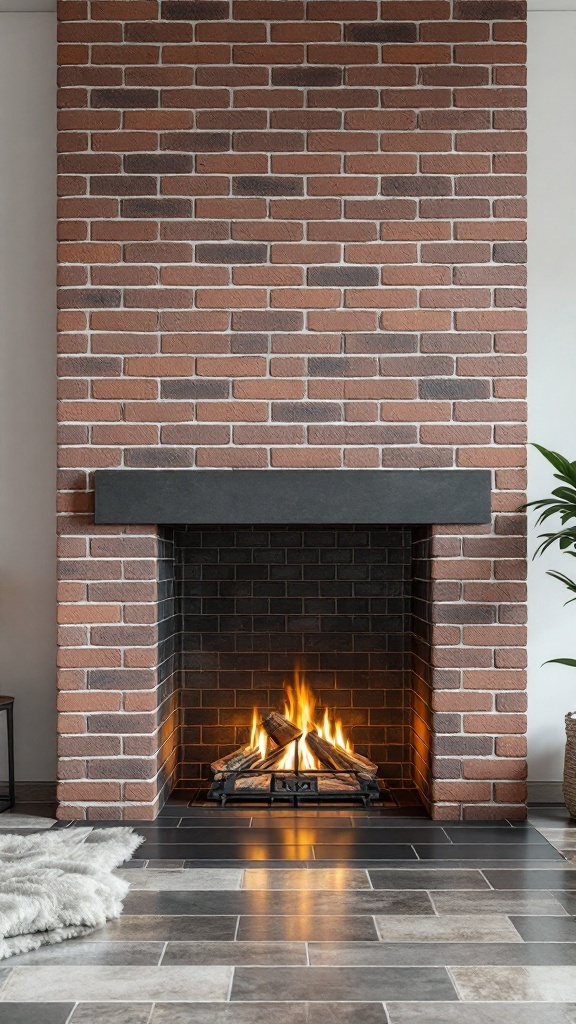 A cozy brick wall fireplace with modern tile accents and a fire burning inside.