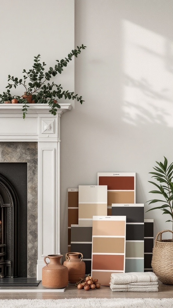 A collection of paint swatches in warm tones next to a white fireplace mantle with greenery.
