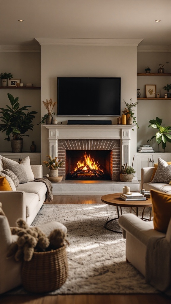 Cozy living room with fireplace and TV, featuring comfortable seating and warm ambiance.