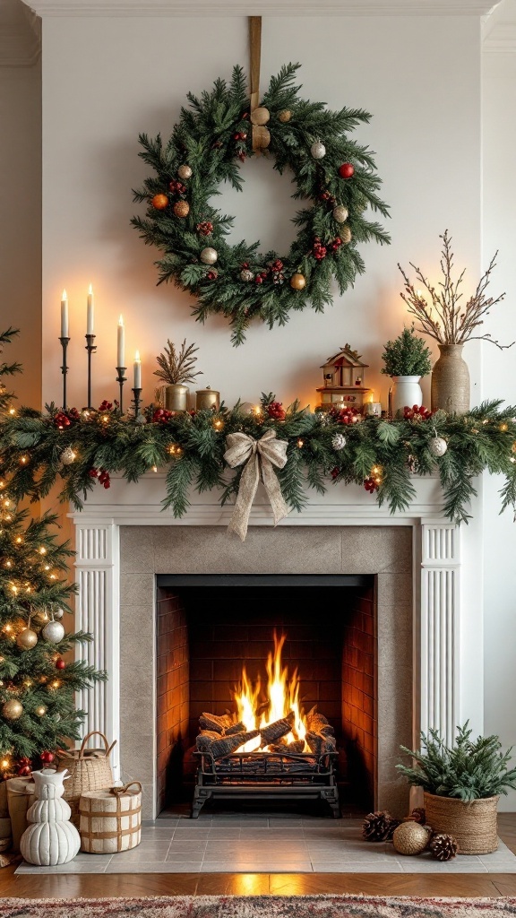 A beautifully decorated fireplace mantle with a holiday theme, featuring a green garland, candles, and a wreath.